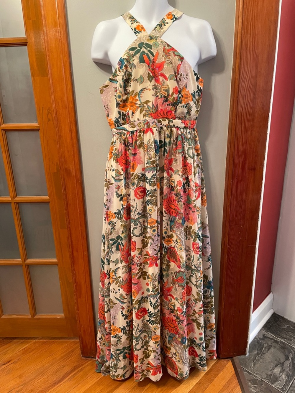 LULUS Floral Tropical Print Modified Halter Old Money Resortwear Boho Maxi Dress